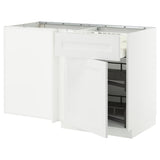 METOD / MAXIMERA corner base cab w drawer and p-out, white/Axstad matt white, 128x68 cm