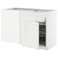 METOD / MAXIMERA corner base cab w drawer and p-out, white/Axstad matt white, 128x68 cm