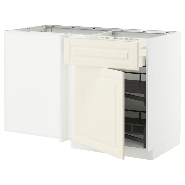METOD / MAXIMERA corner base cab w drawer and p-out, white/Bodbyn off-white, 128x68 cm