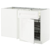 METOD / MAXIMERA corner base cab w drawer and p-out, white Enköping/white wood effect, 128x68 cm