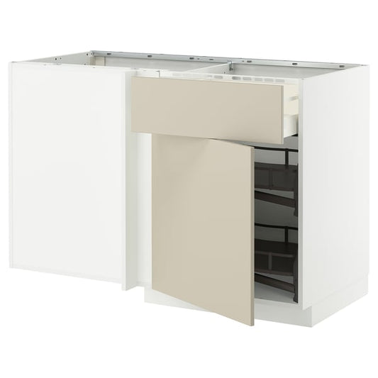 METOD / MAXIMERA corner base cab w drawer and p-out, white/Havstorp beige, 128x68 cm