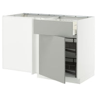 METOD / MAXIMERA corner base cab w drawer and p-out, white/Havstorp light grey, 128x68 cm
