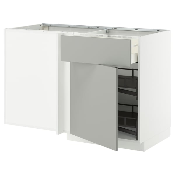 METOD / MAXIMERA corner base cab w drawer and p-out, white/Havstorp light grey, 128x68 cm