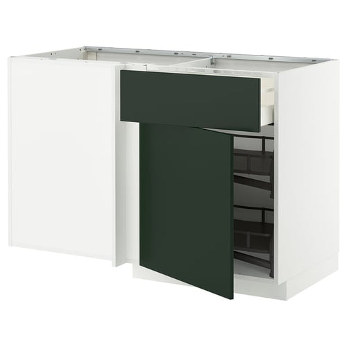 METOD / MAXIMERA corner base cab w drawer and p-out, white/Ringhult light grey, 128x68 cm