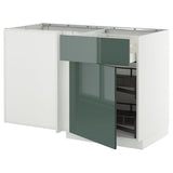 METOD / MAXIMERA corner base cab w drawer and p-out, white/Kallarp high-gloss dark grey-green, 128x68 cm