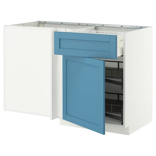 METOD / MAXIMERA corner base cab w drawer and p-out, white/Lerhyttan blue, 128x68 cm