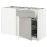 METOD / MAXIMERA corner base cab w drawer and p-out, white/Lerhyttan light grey, 128x68 cm