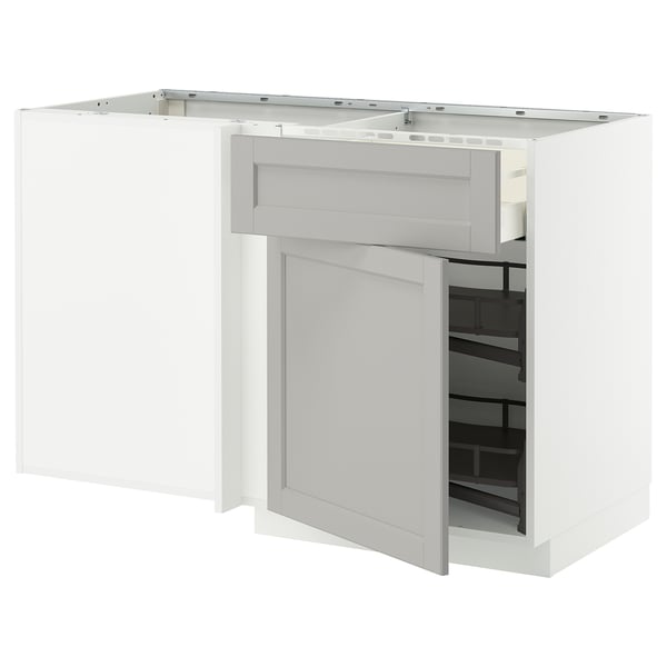 METOD / MAXIMERA corner base cab w drawer and p-out, white/Lerhyttan light grey, 128x68 cm