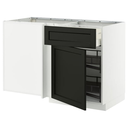 METOD / MAXIMERA corner base cab w drawer and p-out, white/Lerhyttan black stained, 128x68 cm