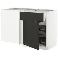 METOD / MAXIMERA corner base cab w drawer and p-out, white/Nickebo matt anthracite, 128x68 cm