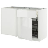 METOD / MAXIMERA corner base cab w drawer and p-out, white/Ringhult white, 128x68 cm