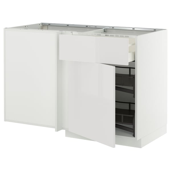 METOD / MAXIMERA corner base cab w drawer and p-out, white/Ringhult light grey, 128x68 cm