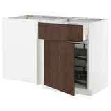 METOD / MAXIMERA corner base cab w drawer and p-out, white/Sinarp brown, 128x68 cm