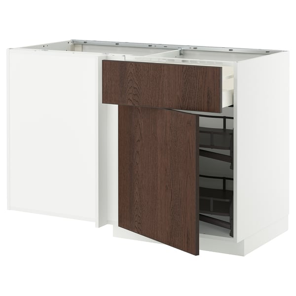 METOD / MAXIMERA corner base cab w drawer and p-out, white/Sinarp brown, 128x68 cm