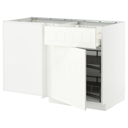 METOD / MAXIMERA corner base cab w drawer and p-out, white/Stensund white, 128x68 cm