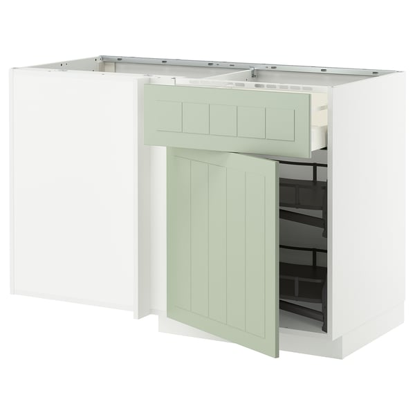 METOD / MAXIMERA corner base cab w drawer and p-out, white/Stensund light green, 128x68 cm