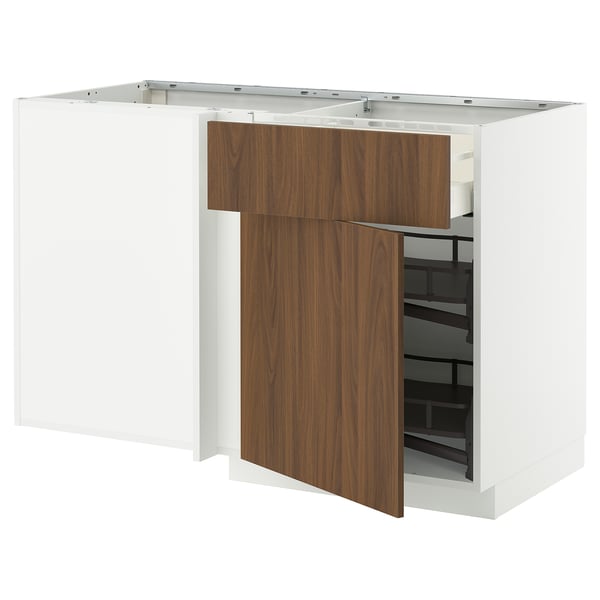 METOD / MAXIMERA corner base cab w drawer and p-out, white/Tistorp brown walnut effect, 128x68 cm