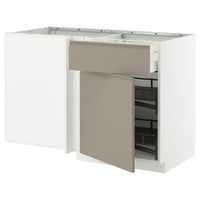 METOD / MAXIMERA corner base cab w drawer and p-out, white/Upplöv matt dark beige, 128x68 cm
