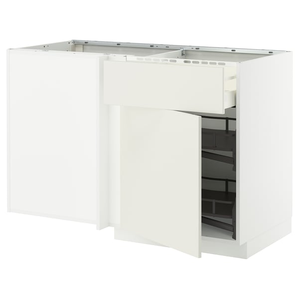 METOD / MAXIMERA corner base cab w drawer and p-out, white/Veddinge white, 128x68 cm