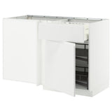 METOD / MAXIMERA corner base cab w drawer and p-out, white/Voxtorp matt white, 128x68 cm