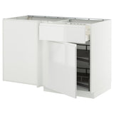 METOD / MAXIMERA corner base cab w drawer and p-out, white/Voxtorp high-gloss/white, 128x68 cm