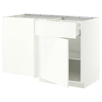 METOD / MAXIMERA corner base cab w drawer and shelf, white/Aspudden matt white, 128x68 cm