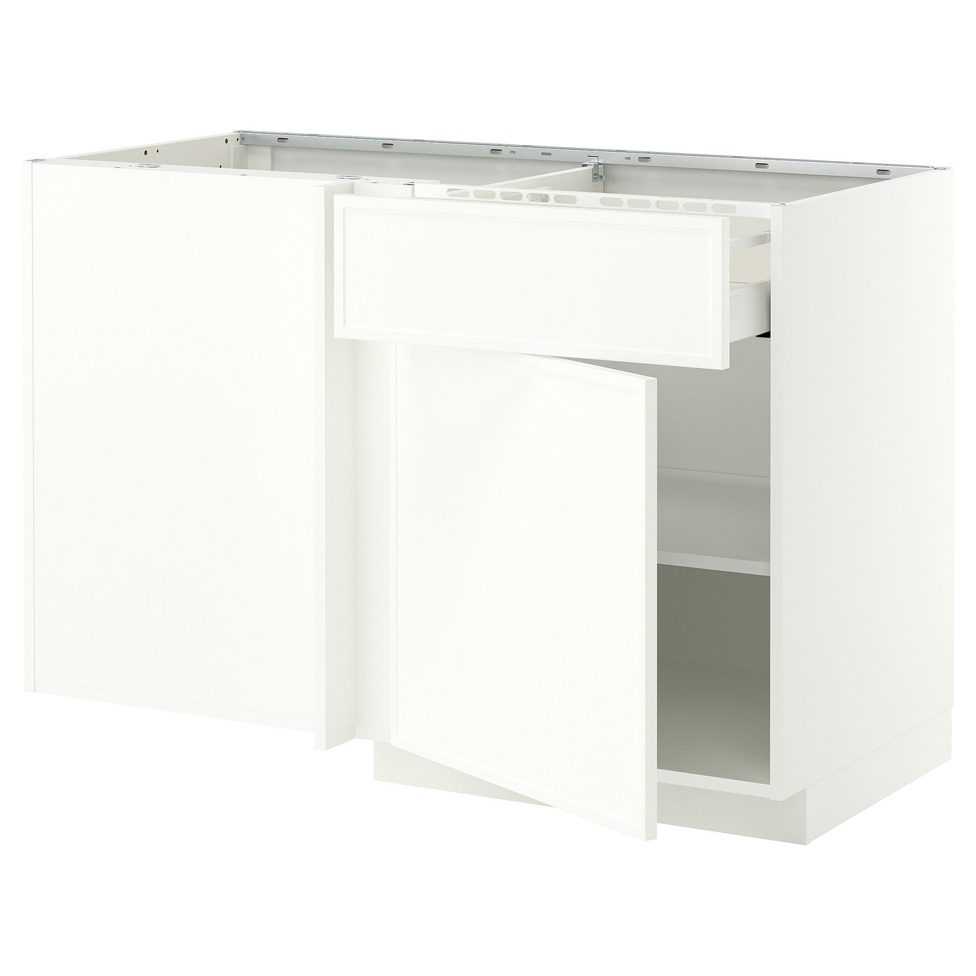 METOD / MAXIMERA corner base cab w drawer and shelf, white/Aspudden matt white, 128x68 cm