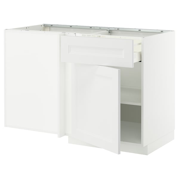 METOD / MAXIMERA corner base cab w drawer and shelf, white/Axstad matt white, 128x68 cm