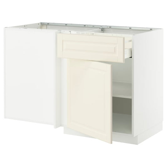 METOD / MAXIMERA corner base cab w drawer and shelf, white/Bodbyn off-white, 128x68 cm