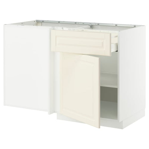 METOD / MAXIMERA corner base cab w drawer and shelf, white/Bodbyn off-white, 128x68 cm
