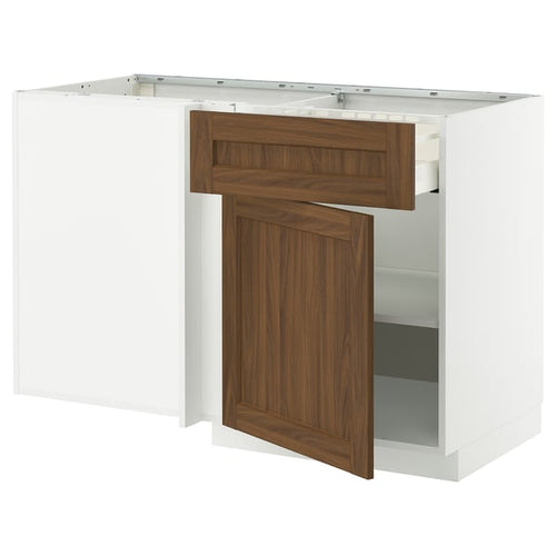 METOD / MAXIMERA - Base unit corner/drawer/top unit, white/Enköping walnut brown effect, 128x68 cm - Width: 127.5 cmDepth: 67.5 cmHeight: 88.0 cmFrame height: 80.0 cm