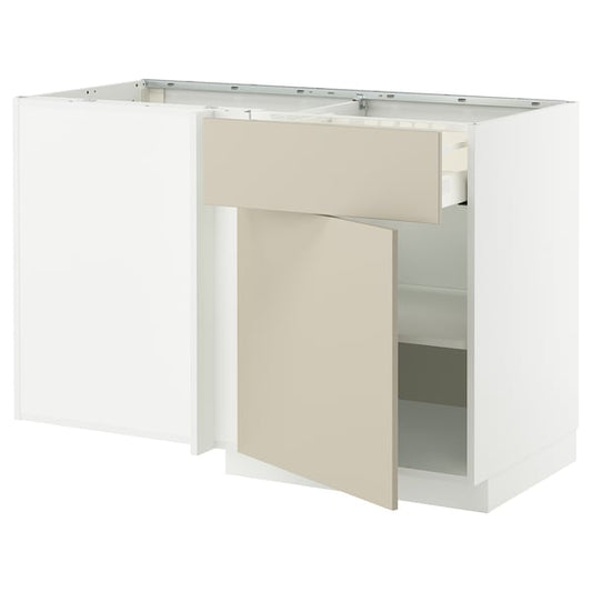 METOD / MAXIMERA corner base cab w drawer and shelf, white/Havstorp beige, 128x68 cm