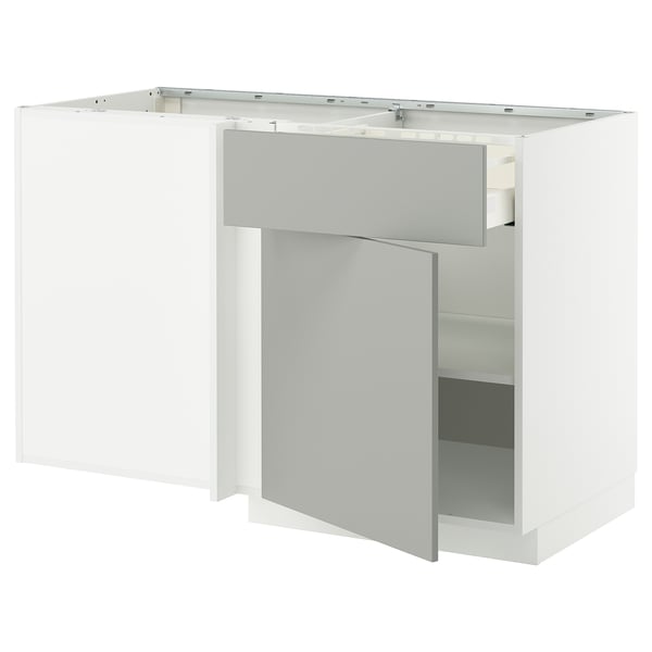 METOD / MAXIMERA corner base cab w drawer and shelf, white/Havstorp light grey, 128x68 cm