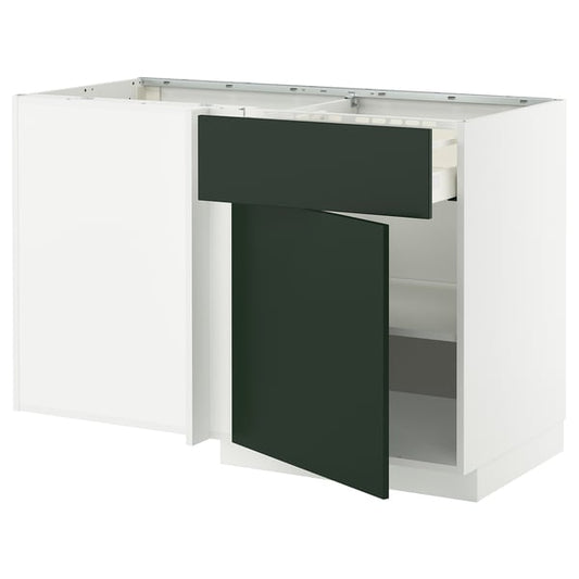 METOD / MAXIMERA - Base unit corner/drawer/top unit, white/Havstorp deep green, 128x68 cm - Width: 127.5 cmDepth: 67.5 cmHeight: 88.0 cmFrame height: 80.0 cm