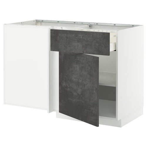METOD / MAXIMERA - Base unit corner/drawer/top unit, white/Kalhyttan dark grey concrete effect, 128x68 cm - Width: 127.5 cmDepth: 67.5 cmHeight: 88.0 cmFrame height: 80.0 cm