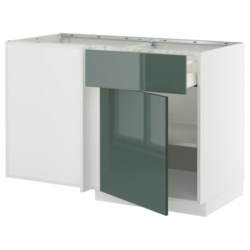 METOD / MAXIMERA - Base unit corner/drawer/top unit, white/Kallarp dark grey-green glossy, 128x68 cm - Width: 127.5 cmDepth: 67.5 cmHeight: 88.0 cmFrame height: 80.0 cm