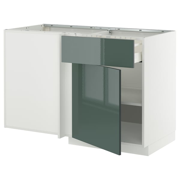 METOD / MAXIMERA corner base cab w drawer and shelf, white/Kallarp high-gloss dark grey-green, 128x68 cm