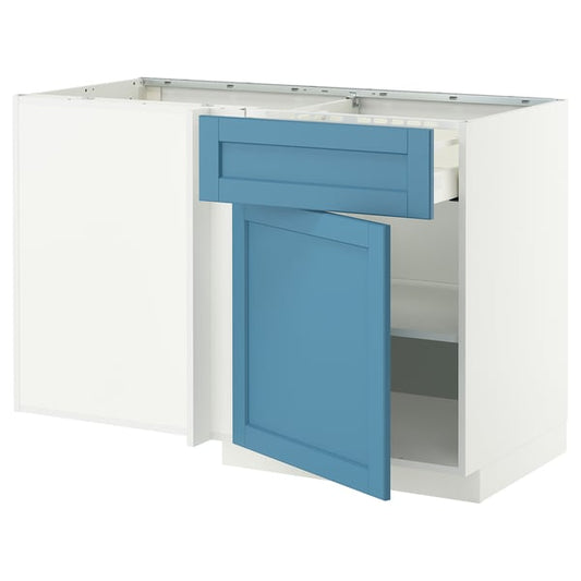 METOD / MAXIMERA corner base cab w drawer and shelf, white/Lerhyttan blue, 127.5x80.0x67.5 cm
