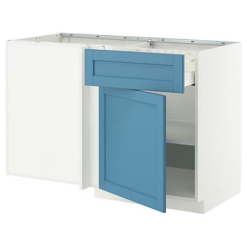 METOD / MAXIMERA corner base cab w drawer and shelf, white/Lerhyttan blue, 128x68 cm