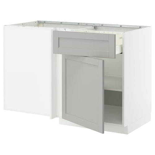 METOD / MAXIMERA - Base unit corner/drawer/top unit, white/Lerhyttan light grey, 128x68 cm - Width: 127.5 cmDepth: 67.5 cmHeight: 88.0 cmFrame height: 80.0 cm