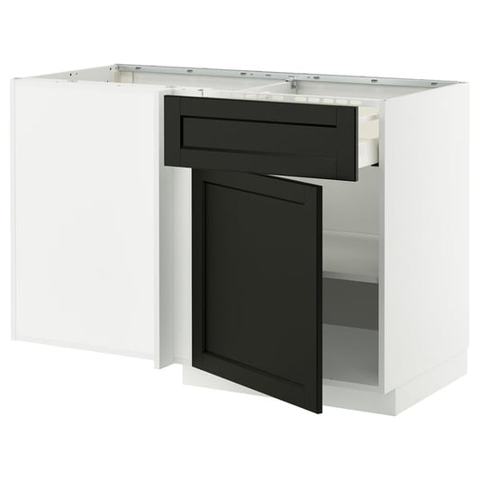 METOD / MAXIMERA - Base unit corner/drawer/top unit, white/Lerhyttan mordant black, 128x68 cm - Width: 127.5 cmDepth: 67.5 cmHeight: 88.0 cmFrame height: 80.0 cm
