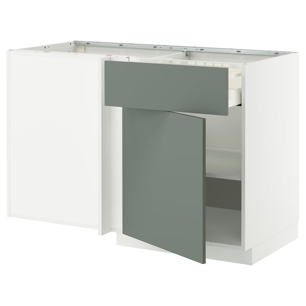 METOD / MAXIMERA corner base cab w drawer and shelf, white/Nickebo matt grey-green, 128x68 cm