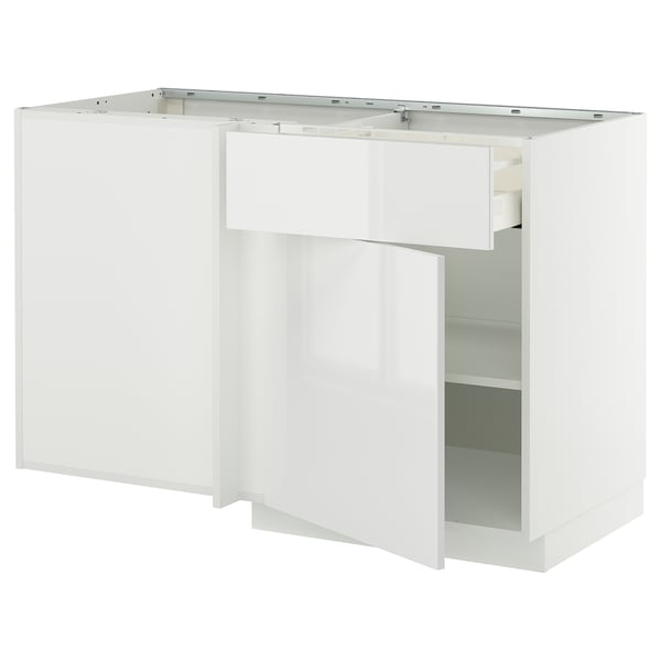 METOD / MAXIMERA corner base cab w drawer and shelf, white/Ringhult white, 128x68 cm