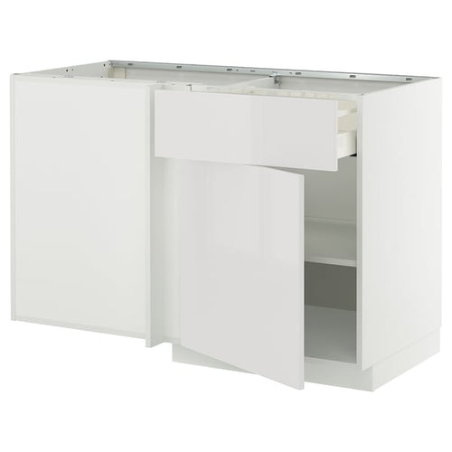 METOD / MAXIMERA corner base cab w drawer and shelf, white/Ringhult light grey, 128x68 cm