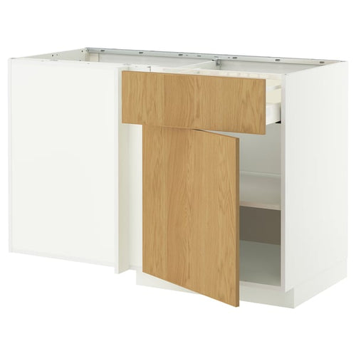 METOD / MAXIMERA corner base cab w drawer and shelf, white/Sinarp oak veneer, 128x68 cm