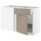 METOD / MAXIMERA corner base cab w drawer and shelf, white/Upplöv matt dark beige, 128x68 cm