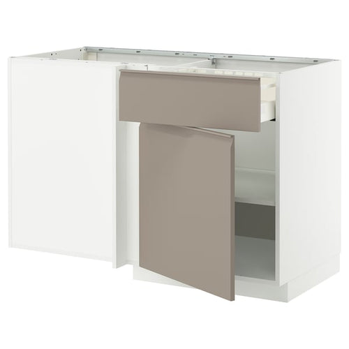 METOD / MAXIMERA corner base cab w drawer and shelf, white/Upplöv matt dark beige, 128x68 cm