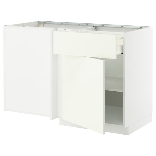 METOD / MAXIMERA - Base unit corner/drawer/top unit, white/Vallstena white, 128x68 cm - Width: 127.5 cmDepth: 67.5 cmHeight: 88.0 cmFrame height: 80.0 cm