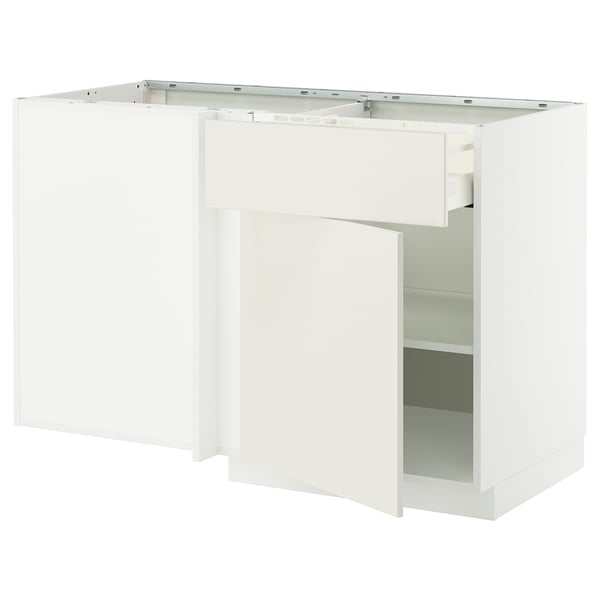 METOD / MAXIMERA corner base cab w drawer and shelf, white/Veddinge white, 128x68 cm