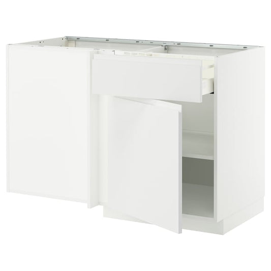 METOD / MAXIMERA - Corner/base/mobile drawer/shelf, white/Voxtorp matte white, 128x68 cm - Width: 127.5 cm Depth: 67.5 cm Height: 88.0 cm Height of structure: 80.0 cm.